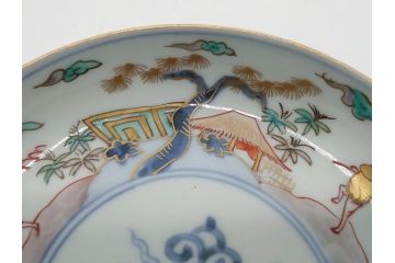 幕末期　伊万里　色絵　染付　金彩　4.5寸皿　約13.5cm　繊細で温かみのある絵付けが魅力の深皿5枚セット(四寸五分、中皿、和食器、和皿)(R-062112)