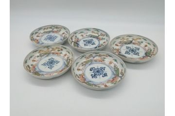 幕末期　伊万里　色絵　染付　金彩　4.5寸皿　約13.5cm　繊細で温かみのある絵付けが魅力の深皿5枚セット(四寸五分、中皿、和食器、和皿)(R-062113)