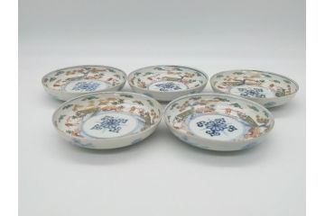 幕末期　伊万里　色絵　染付　金彩　4.5寸皿　約13.5cm　繊細で温かみのある絵付けが魅力の深皿5枚セット(四寸五分、中皿、和食器、和皿)(R-062113)