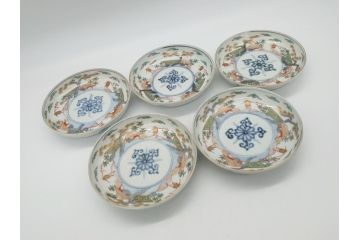 幕末期　伊万里　色絵　染付　金彩　4.5寸皿　約13.5cm　繊細で温かみのある絵付けが魅力の深皿5枚セット(四寸五分、中皿、和食器、和皿)(R-062113)