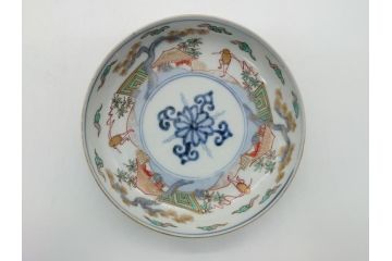 幕末期　伊万里　色絵　染付　金彩　4.5寸皿　約13.5cm　繊細で温かみのある絵付けが魅力の深皿5枚セット(四寸五分、中皿、和食器、和皿)(R-062113)