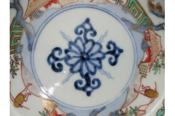 幕末期　伊万里　色絵　染付　金彩　4.5寸皿　約13.5cm　繊細で温かみのある絵付けが魅力の深皿5枚セット(四寸五分、中皿、和食器、和皿)(R-062113)
