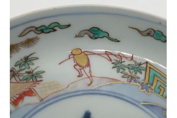 幕末期　伊万里　色絵　染付　金彩　4.5寸皿　約13.5cm　繊細で温かみのある絵付けが魅力の深皿5枚セット(四寸五分、中皿、和食器、和皿)(R-062113)