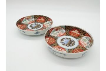 幕末〜明治期　伊万里焼　金襴手　色絵　染付　花桃文　5.4寸皿　約16.5cm　煌びやかで豪華な絵付けの深皿2枚セット(五寸四分、和皿、中皿、和食器)(R-062114)