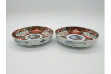 幕末〜明治期　伊万里焼　金襴手　色絵　染付　花桃文　5.4寸皿　約16.5cm　煌びやかで豪華な絵付けの深皿2枚セット(五寸四分、和皿、中皿、和食器)(R-062114)
