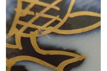 幕末〜明治期　伊万里焼　金襴手　色絵　染付　花桃文　5.4寸皿　約16.5cm　煌びやかで豪華な絵付けの深皿3枚セット(五寸四分、和皿、中皿、和食器)(R-062115)