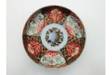 幕末〜明治期　伊万里焼　金襴手　色絵　染付　花桃文　5.4寸皿　約16.5cm　煌びやかで豪華な絵付けの深皿3枚セット(五寸四分、和皿、中皿、和食器)(R-062117)