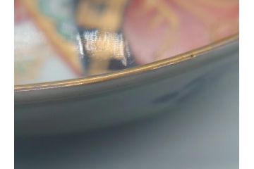 幕末〜明治期　伊万里焼　金襴手　色絵　染付　花桃文　5.4寸皿　約16.5cm　煌びやかで豪華な絵付けの深皿3枚セット(五寸四分、和皿、中皿、和食器)(R-062117)