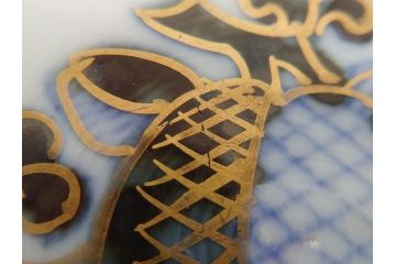 幕末〜明治期　伊万里焼　金襴手　色絵　染付　花桃文　5.4寸皿　約16.5cm　煌びやかで豪華な絵付けの深皿3枚セット(五寸四分、和皿、中皿、和食器)(R-062117)