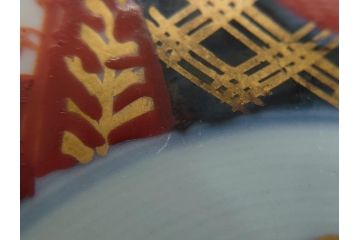 幕末〜明治期　伊万里焼　金襴手　色絵　染付　花桃文　5.4寸皿　約16.5cm　煌びやかで豪華な絵付けの深皿3枚セット(五寸四分、和皿、中皿、和食器)(R-062117)