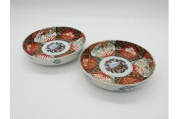 幕末〜明治期　伊万里焼　金襴手　色絵　染付　花桃文　5.4寸皿　約16.5cm　煌びやかで豪華な絵付けの深皿2枚セット(五寸四分、和皿、中皿、和食器)(R-062118)