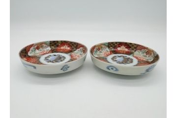 幕末〜明治期　伊万里焼　金襴手　色絵　染付　花桃文　5.4寸皿　約16.5cm　煌びやかで豪華な絵付けの深皿2枚セット(五寸四分、和皿、中皿、和食器)(R-062118)