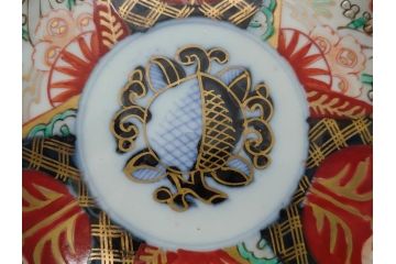 幕末〜明治期　伊万里焼　金襴手　色絵　染付　花桃文　5.4寸皿　約16.5cm　煌びやかで豪華な絵付けの深皿2枚セット(五寸四分、和皿、中皿、和食器)(R-062118)