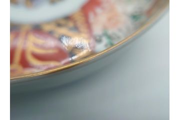 幕末〜明治期　伊万里焼　金襴手　色絵　染付　花桃文　5.4寸皿　約16.5cm　煌びやかで豪華な絵付けの深皿2枚セット(五寸四分、和皿、中皿、和食器)(R-062118)