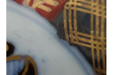 幕末〜明治期　伊万里焼　金襴手　色絵　染付　花桃文　5.4寸皿　約16.5cm　煌びやかで豪華な絵付けの深皿2枚セット(五寸四分、和皿、中皿、和食器)(R-062118)
