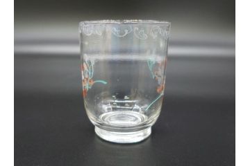 大正期　レトロ　エナメル絵付け　エナメル彩　花文　温かみのある可愛らしい絵付けが魅力のグラス6客と猪口1客のセット(タンブラー、リキュール、グラス、7点、グラスペインティング、ガラス)(R-062127)