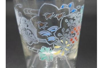 大正期　レトロ　エナメル絵付け　エナメル彩　花文　温かみのある可愛らしい絵付けが魅力のグラス6客セット(大1客、小5客)(タンブラー、グラス、グラスペインティング、ガラス)(R-062128)