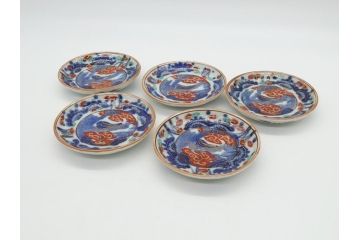 明治期　伊万里　色絵　染付　金彩　梅鳥文　3.7寸皿　約11cm　食卓を鮮やかに演出する小皿5枚セット(三寸七分、和食器、和皿)(R-062138)