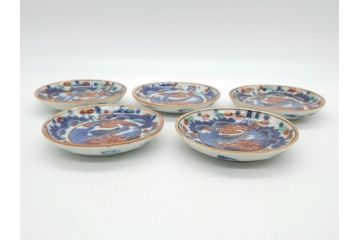 明治期　伊万里　色絵　染付　金彩　梅鳥文　3.7寸皿　約11cm　食卓を鮮やかに演出する小皿5枚セット(三寸七分、和食器、和皿)(R-062138)
