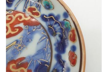 明治期　伊万里　色絵　染付　金彩　梅鳥文　3.7寸皿　約11cm　食卓を鮮やかに演出する小皿5枚セット(三寸七分、和食器、和皿)(R-062138)