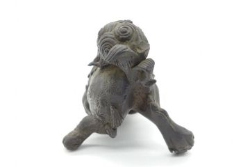 古玩　古銅　香炉　意匠を凝らした彫刻が見事な獅子2体(大、小)(置物、ディスプレイ、仏具、中国?)(R-062139)