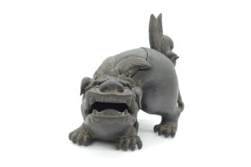 古玩　古銅　香炉　意匠を凝らした彫刻が見事な獅子2体(大、小)(置物、ディスプレイ、仏具、中国?)(R-062139)