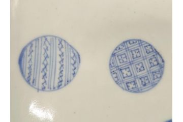 古伊万里　染付　丸紋　隅切り　5.3寸　約16cm　食卓を爽やかに彩る正角皿3客セット(葵、団花紋、五寸三分、変形皿、中皿、和皿、和食器)(R-062144)