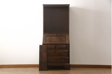 和製ビンテージ　北海道民芸家具　絶版品　収納に便利な本棚付き!!シックなライティングビューロー(簿記机、引き出し、ブックシェルフ、本棚、飾り棚、収納棚、ワークデスク、在宅ワーク、在宅用、ヴィンテージ) (R-062162)
