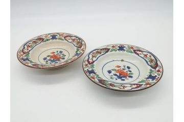 江戸期　色絵　染付　花文　5寸　15　食卓を華やかに彩る深皿2客セット(五寸、リム皿、中皿、和食器、和皿)(R-062165)