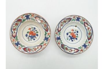 江戸期　色絵　染付　花文　5寸　15　食卓を華やかに彩る深皿2客セット(五寸、リム皿、中皿、和食器、和皿)(R-062165)