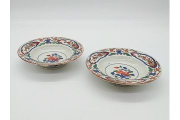 江戸期　色絵　染付　花文　5寸　15　食卓を華やかに彩る深皿2客セット(五寸、リム皿、中皿、和食器、和皿)(R-062166)