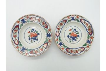 江戸期　色絵　染付　花文　5寸　15　食卓を華やかに彩る深皿2客セット(五寸、リム皿、中皿、和食器、和皿)(R-062166)