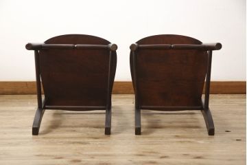 中古　九州民芸家具　すらりと伸びた後ろ脚と滑らかな木肌が上品なラダーバックチェア2脚セット(ダイニングチェア、板座チェア、イス、椅子)(R-062185)