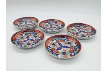 明治期　伊万里焼　色絵　金彩　花文　4寸皿　約12cm　色彩豊かで食卓に華やぎをもたらす小皿5客セット(四寸、赤絵、和食器、和皿)(R-062189)