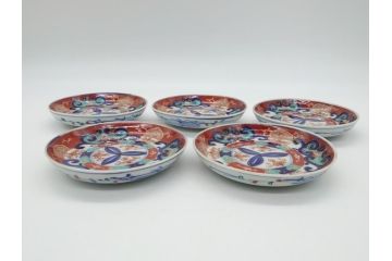 明治期　伊万里焼　色絵　金彩　花文　4寸皿　約12cm　色彩豊かで食卓に華やぎをもたらす小皿5客セット(四寸、赤絵、和食器、和皿)(R-062189)