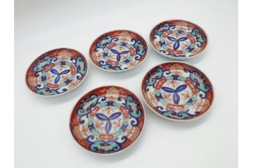 明治期　伊万里焼　色絵　金彩　花文　4寸皿　約12cm　色彩豊かで食卓に華やぎをもたらす小皿5客セット(四寸、赤絵、和食器、和皿)(R-062189)