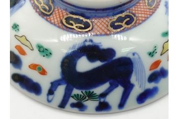 江戸期　萬暦年製　古伊万里　色絵　染付　稀少図柄　馬　3.8寸　約11.5cm　生き生きとした馬の絵付けが魅力の蓋付き茶碗2客セット(和食器、三寸八分)(R-062193)