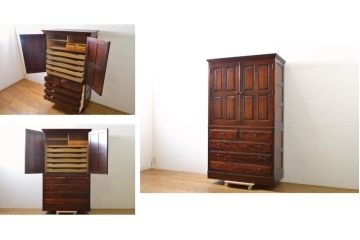 中古　九州民芸家具　美しい木目とシックな佇まいが上品な和タンス(着物箪笥、衣装箪笥、収納たんす、衣装盆、引き出し)(R-062217)