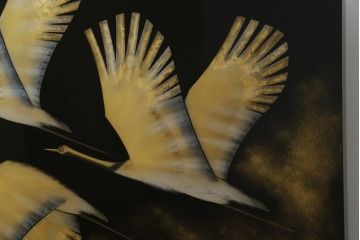 中古　輪島塗り　加治武作　飛び立つ鶴の美しさに目が奪われる衝立て(仕切り、パーテーション、つい立て)(R-062225)