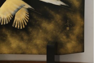 中古　輪島塗り　加治武作　飛び立つ鶴の美しさに目が奪われる衝立て(仕切り、パーテーション、つい立て)(R-062225)
