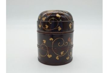 明治期　蒔絵　花唐草　梨地　木製　丁寧な職人技が光る棗(共箱付き、3段、茶道具、漆工芸)(R-062238)