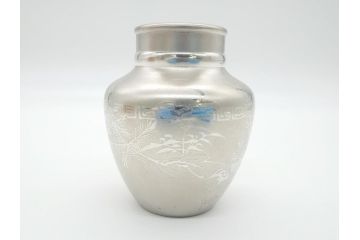 薩摩　谷山正錫　山崎畩五郎　錫製　カコシマ　彫金細工　茶心壷(共箱付き、茶筒、煎茶道具)(R-062239)
