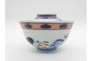 江戸期　萬暦年製　古伊万里　色絵　染付　稀少図柄　馬　3.8寸　約11.5cm　生き生きとした馬の絵付けが魅力の蓋付き茶碗3客セット(和食器、三寸八分)(R-062241)