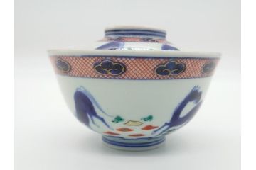 江戸期　萬暦年製　古伊万里　色絵　染付　稀少図柄　馬　3.8寸　約11.5cm　生き生きとした馬の絵付けが魅力の蓋付き茶碗3客セット(和食器、三寸八分)(R-062241)