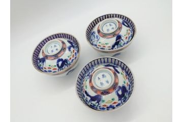 江戸期　大明萬暦年製　古伊万里　色絵　染付　稀少図柄　馬　3.8寸　約11.5cm　生き生きとした馬の絵付けが魅力の蓋付き茶碗3客セット(和食器、三寸八分)(R-062243)