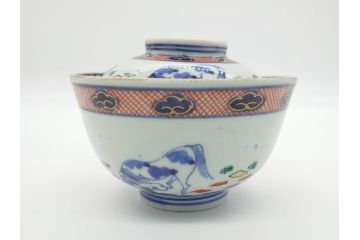 江戸期　大明萬暦年製　古伊万里　色絵　染付　稀少図柄　馬　3.8寸　約11.5cm　生き生きとした馬の絵付けが魅力の蓋付き茶碗3客セット(和食器、三寸八分)(R-062243)