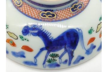 江戸期　大明萬暦年製　古伊万里　色絵　染付　稀少図柄　馬　3.8寸　約11.5cm　生き生きとした馬の絵付けが魅力の蓋付き茶碗3客セット(和食器、三寸八分)(R-062243)