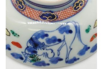 江戸期　大明萬暦年製　古伊万里　色絵　染付　稀少図柄　馬　3.8寸　約11.5cm　生き生きとした馬の絵付けが魅力の蓋付き茶碗3客セット(和食器、三寸八分)(R-062243)