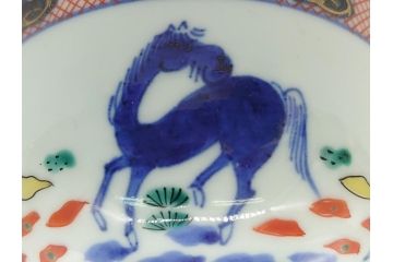 江戸期　大明萬暦年製　古伊万里　色絵　染付　稀少図柄　馬　3.8寸　約11.5cm　生き生きとした馬の絵付けが魅力の蓋付き茶碗3客セット(和食器、三寸八分)(R-062243)