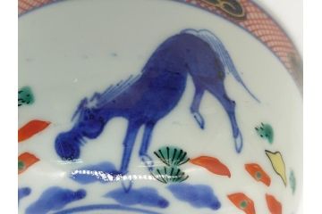 江戸期　大明萬暦年製　古伊万里　色絵　染付　稀少図柄　馬　3.8寸　約11.5cm　生き生きとした馬の絵付けが魅力の蓋付き茶碗3客セット(和食器、三寸八分)(R-062243)